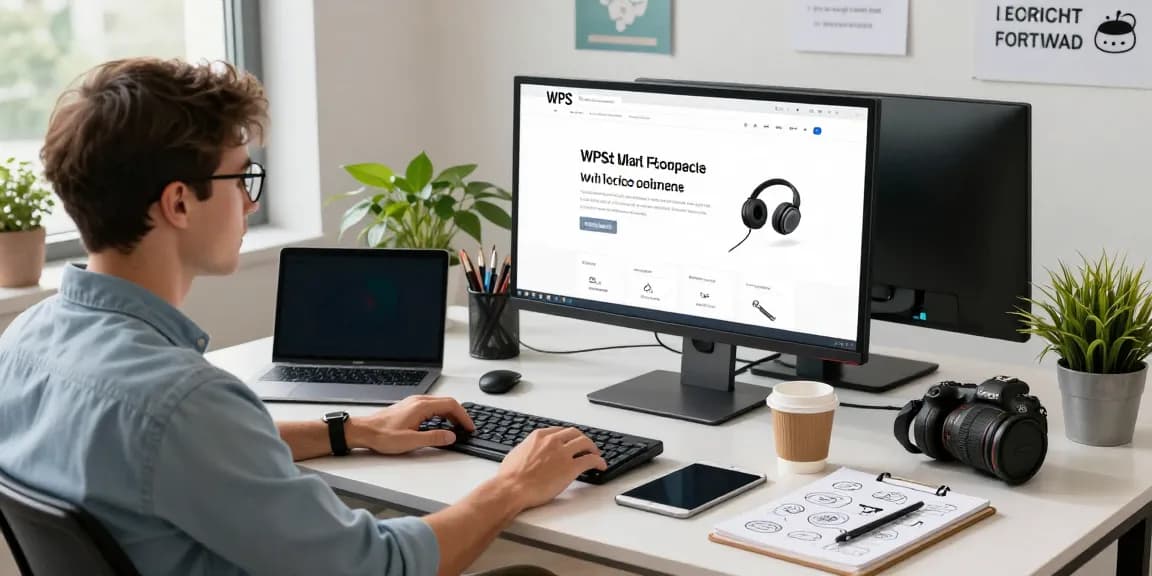 Focused professional exploring WPS Official Website in a dynamic digital workspace with modern tech tools.