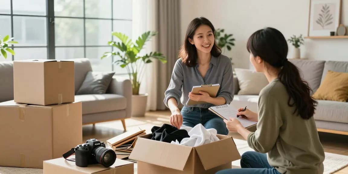 Professional organizer assisting client with decluttering services ottawa in a bright living room.