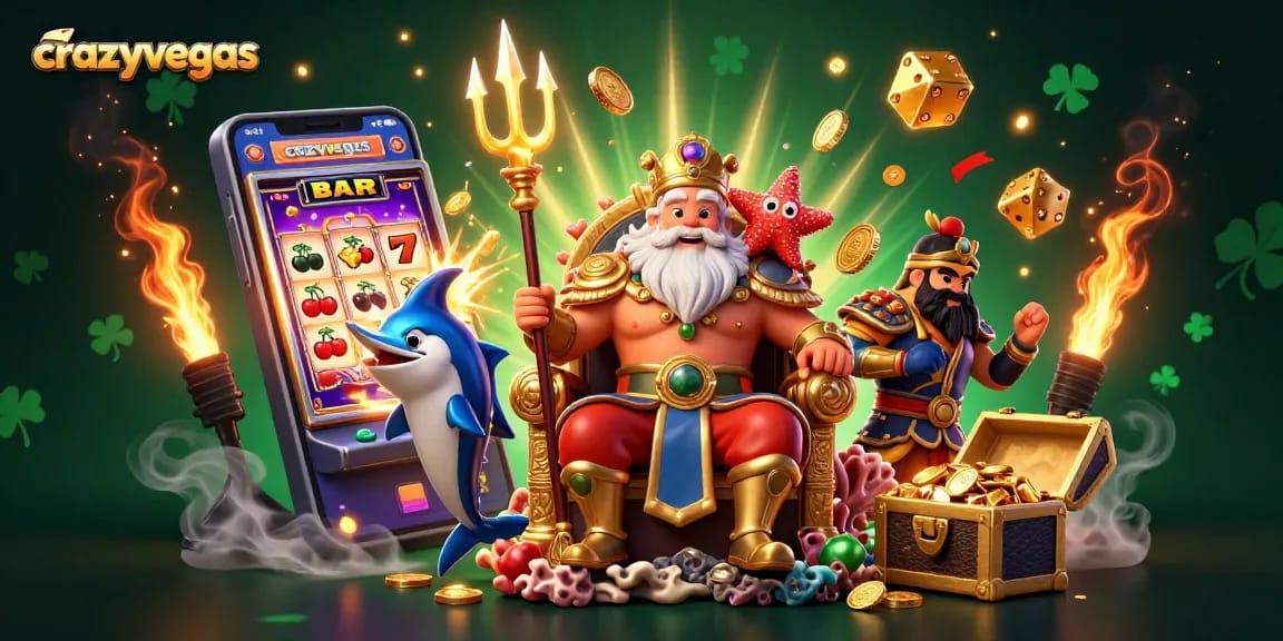 Experience the thrill of crazyvegas with Neptune, the slot machine, and vibrant gaming elements.