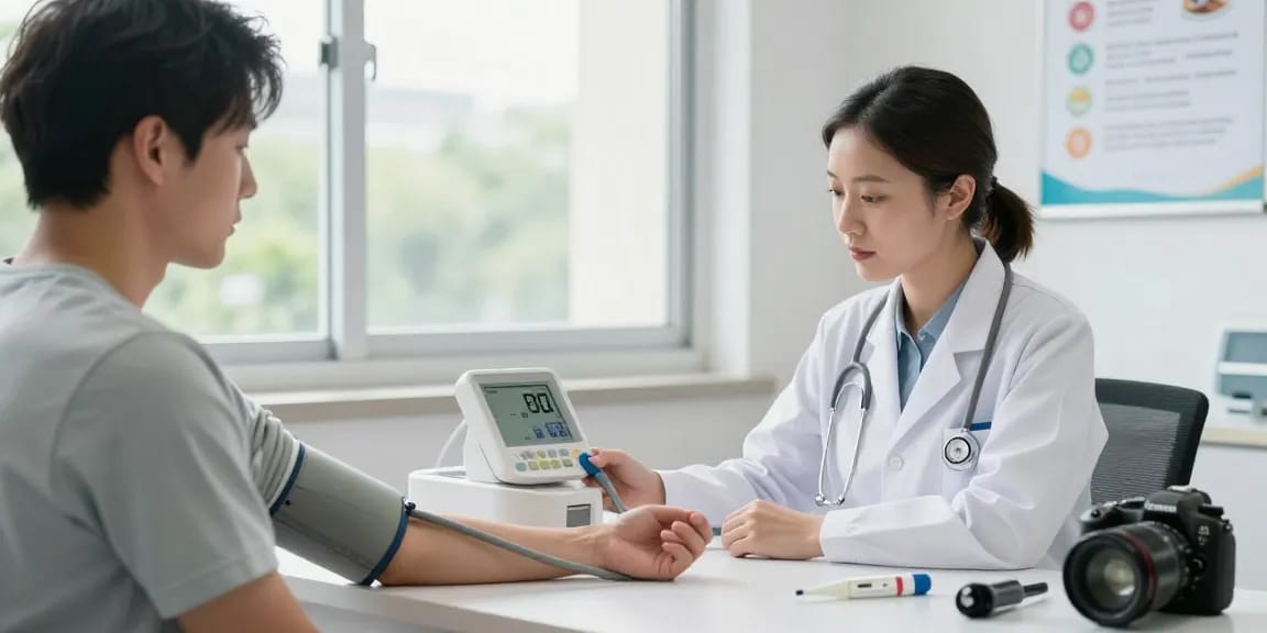 Health professional using a blood pressure apparatus during a patient examination.