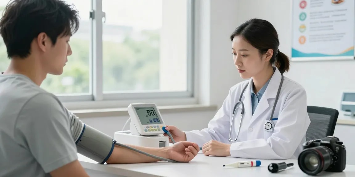 Health professional using a blood pressure apparatus during a patient examination.