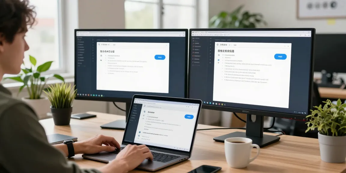 Adjusting Telegram Chinese settings on a modern workspace with dual monitors and tech tools.