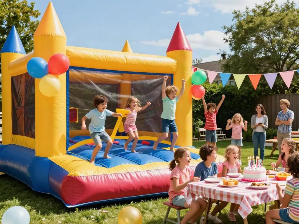Children joyfully jumping in a vibrant bounce castle during a birthday party.