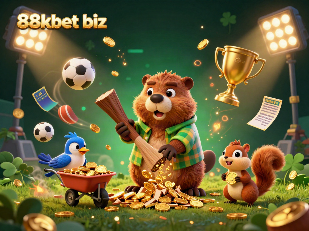 Bet on sports confidently with 88kbet biz as a lively beaver chops a golden coin tree.