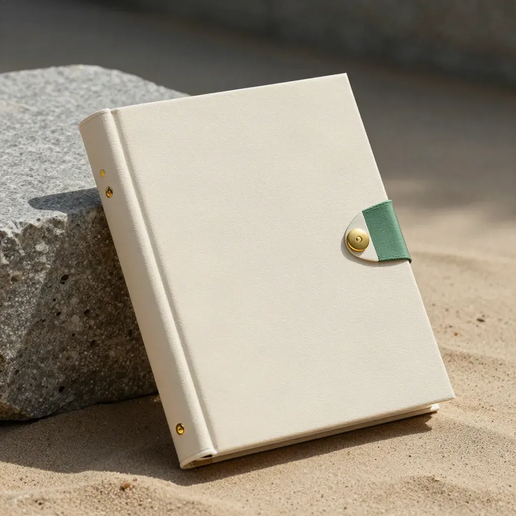 Matte ivory review binder with brass fasteners leans on rough stone in side light.