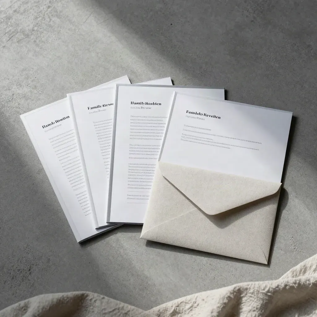 Overhead finance flatlay with folio, tab cards, statement sheet and linen envelope on concrete.