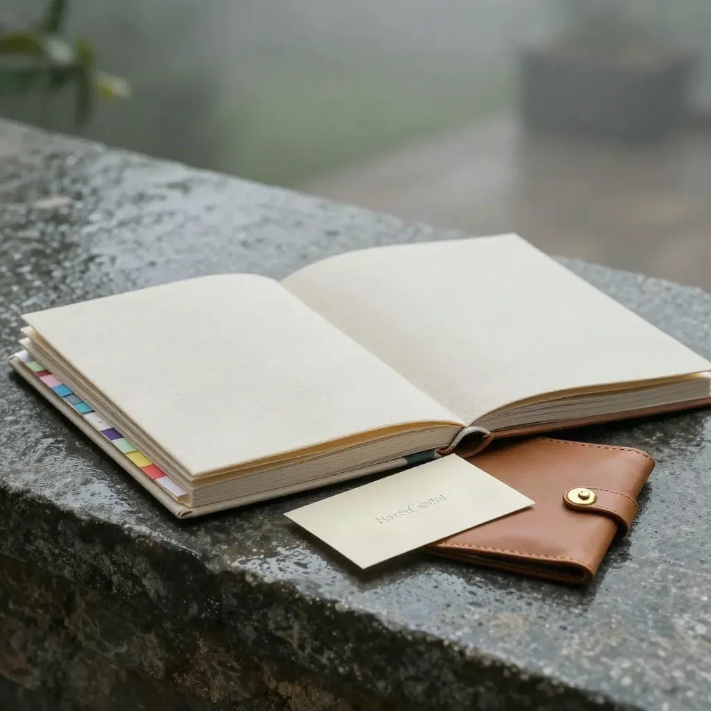 Ivory wealth-planning folio, brass detail and leather sleeve on rain-sheened limestone at dusk.