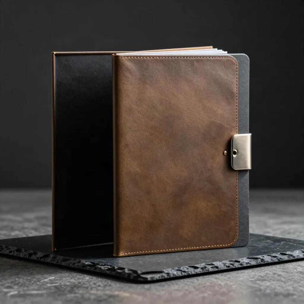 Dramatic wealth review folio and steel clip on slate plinth with cool rim light.