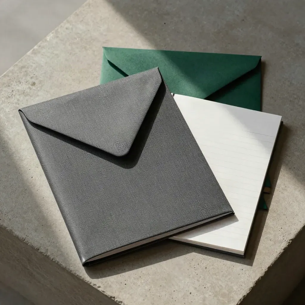 Top-down flatlay of a wealth review folio, envelope sleeve, note sheet and tab dividers on concrete.