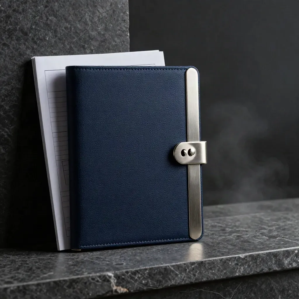 Dark navy tax review binder on a stone ledge with dramatic side light and haze