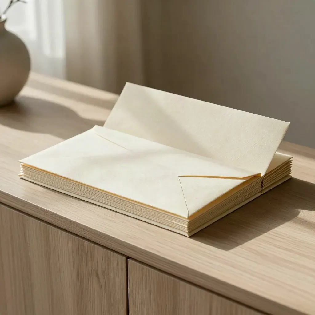 Linen retirement plan folio with envelopes and insert deck on a pale walnut sideboard.