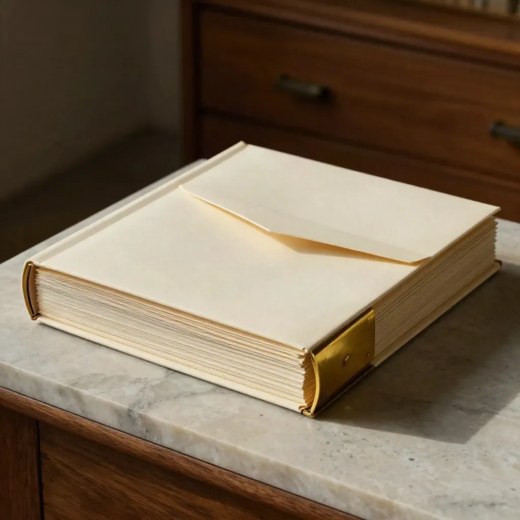 Ivory estate planning folio, envelope, and brass sleeve on limestone with soft studio light.