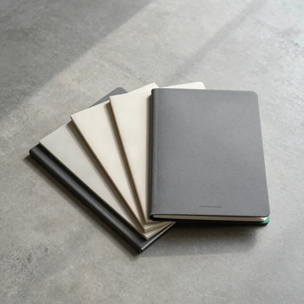 Overhead portfolio folio with three insert stacks and a sealed note card on concrete.