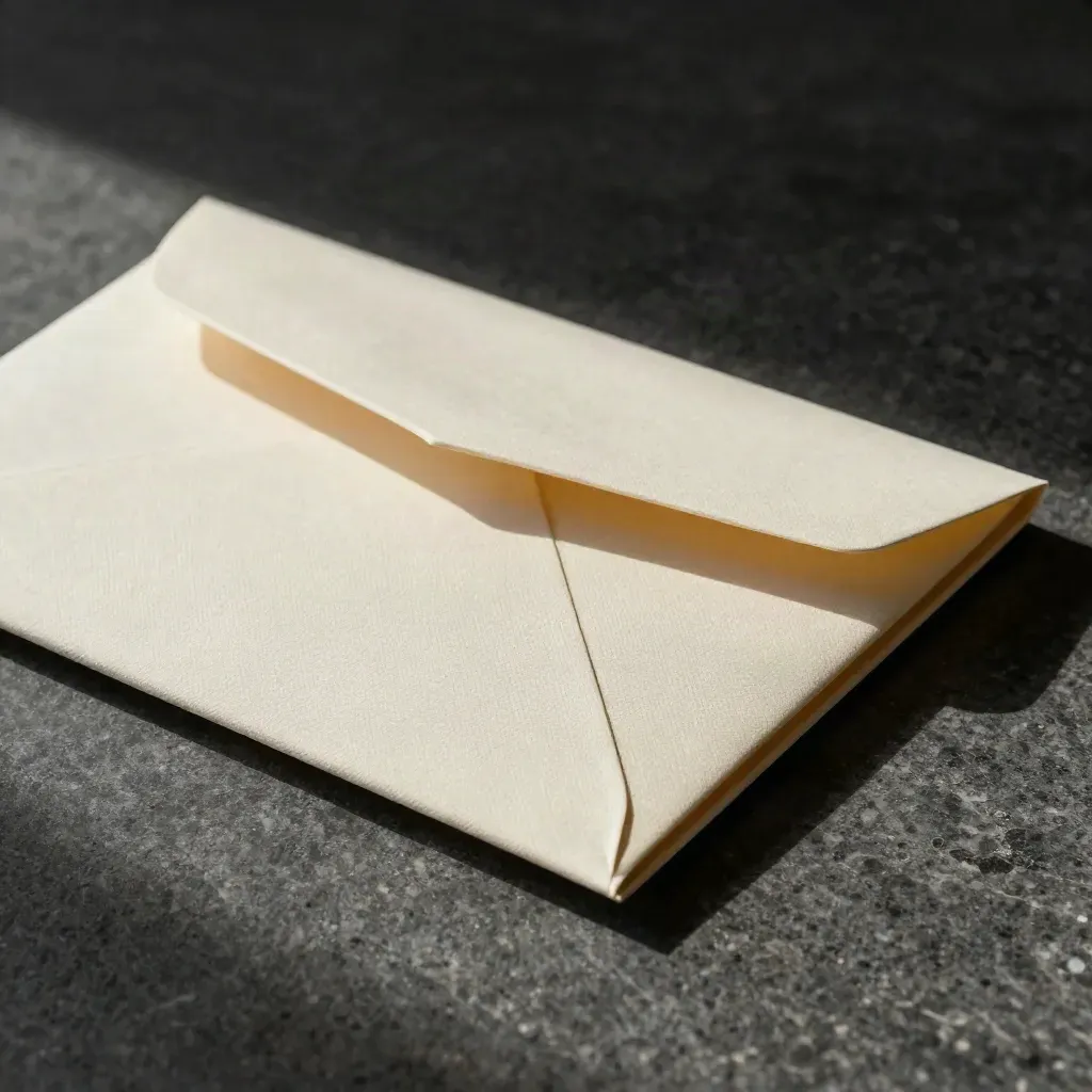 Cream cloth brief packet with envelope and gilt edge on dark limestone, lit in dramatic macro.