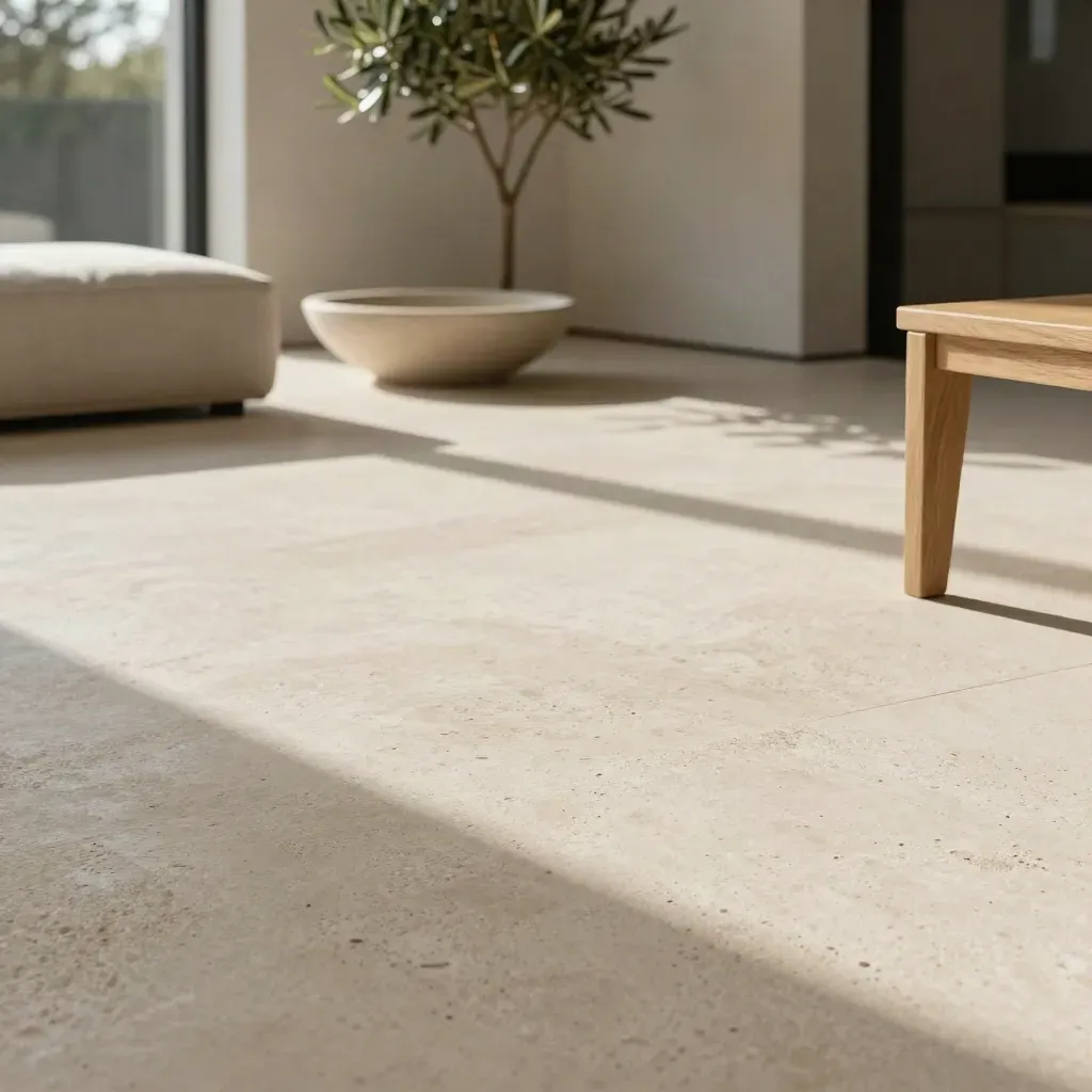Sunlit travertine landing with oak chair edge and blurred olive tree, calm space for family plans