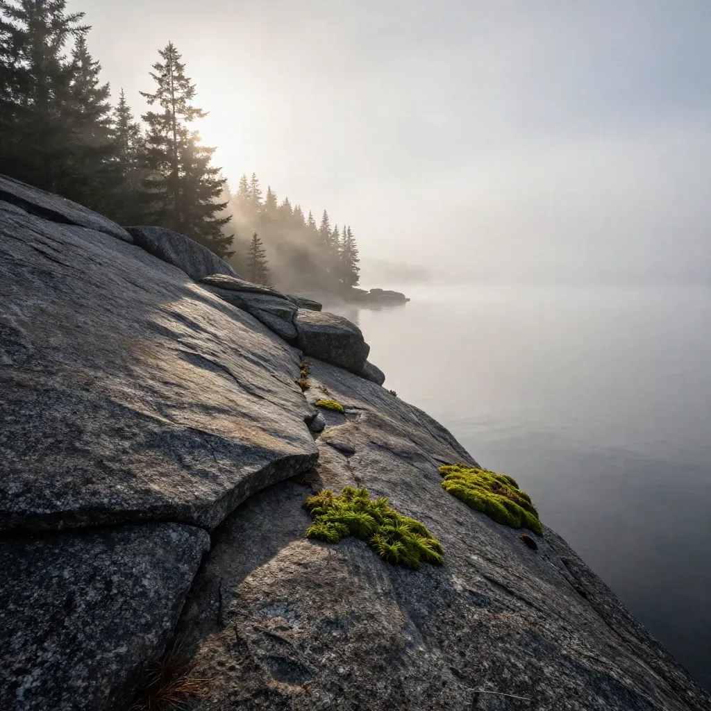 Foggy Canadian shoreline at sunrise with granite ledge, cedar silhouettes and calm misty water.
