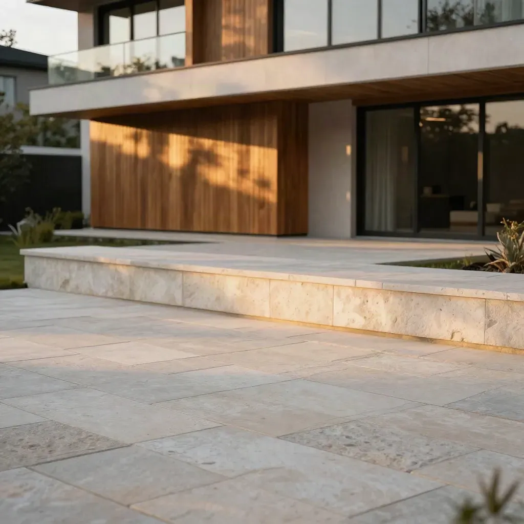 Sunlit modern courtyard terrace with cedar screening and calm stone foreground
