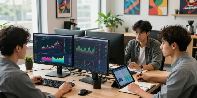 Trading scene with diverse team analyzing stock data on monitors at nordencore.ca's workspace.