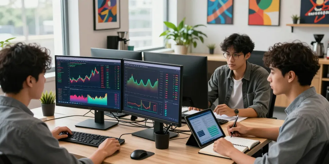 Trading scene with diverse team analyzing stock data on monitors at nordencore.ca's workspace.
