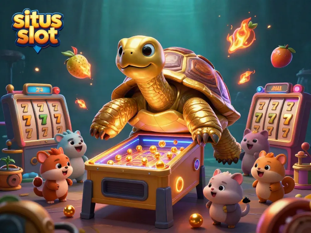 Experience thrilling gameplay at situs slot, featuring a lively golden tortoise pinball machine amidst dynamic gambling elements.