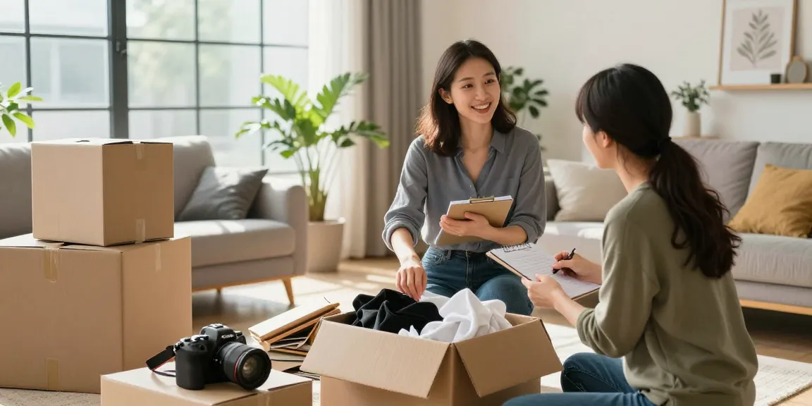 Professional organizer assisting client with decluttering services ottawa in a bright living room.