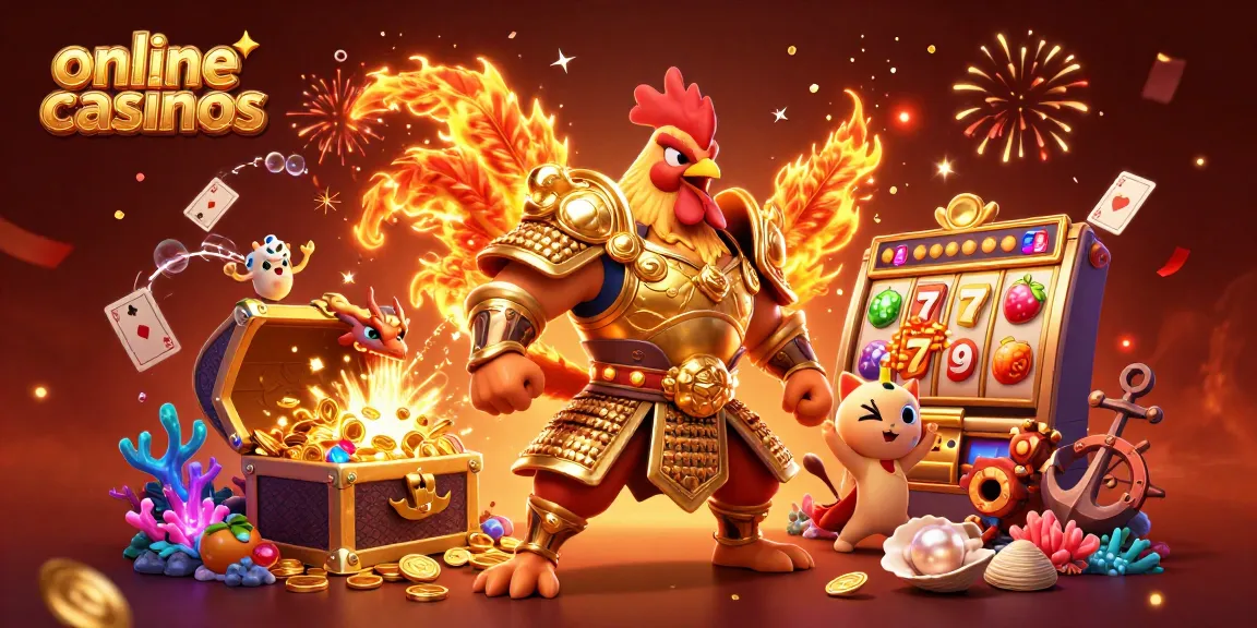 Engage in online casinos with a powerful rooster warrior and dragon in a magical treasure scene.