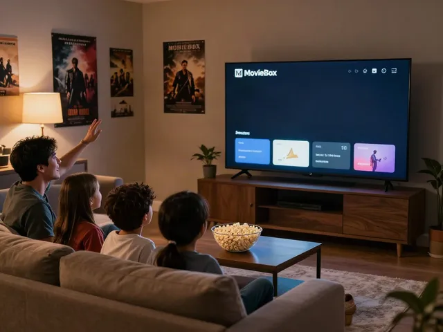 Family enjoying a movie night using Movie Box online on a big screen.