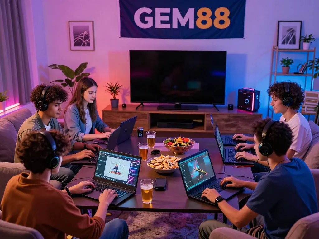 Exciting GEM88 online gaming experience with diverse players in cozy setup