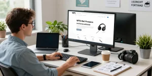 Focused professional exploring WPS Official Website in a dynamic digital workspace with modern tech tools.