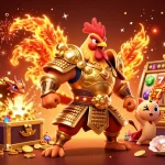 Engage in online casinos with a powerful rooster warrior and dragon in a magical treasure scene.